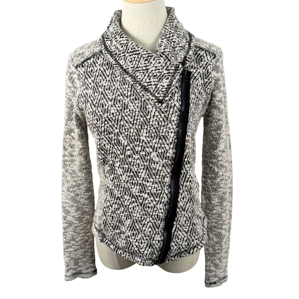 Lucky Brand S Boucle Knit Sweater Moto Jacket Geometric Diamond Asymmetrical Zip